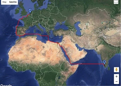 Sea route from Antwerp, Belgium to Kochi, India